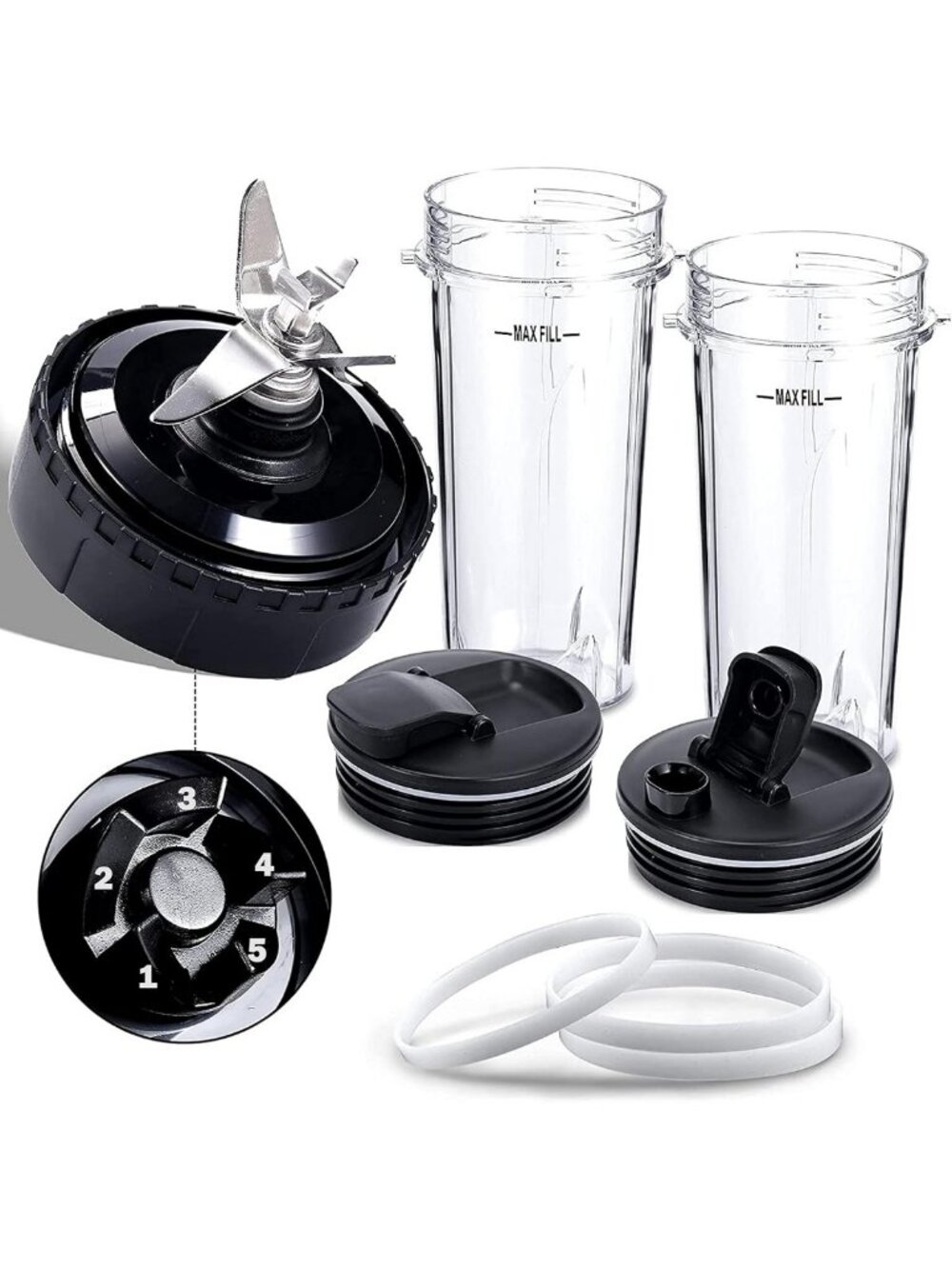 Blender Replacement Parts Set: 5 Fins Extractor Blade, 2 Cups & Gaskets for